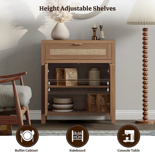 SICOTAS Farmhouse Rattan Sideboard Storage Cabinet with Drawer - N/A
