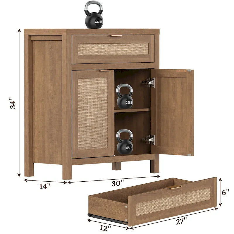 SICOTAS Farmhouse Rattan Sideboard Storage Cabinet with Drawer - N/A