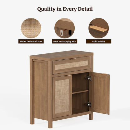 SICOTAS Farmhouse Rattan Sideboard Storage Cabinet with Drawer - N/A