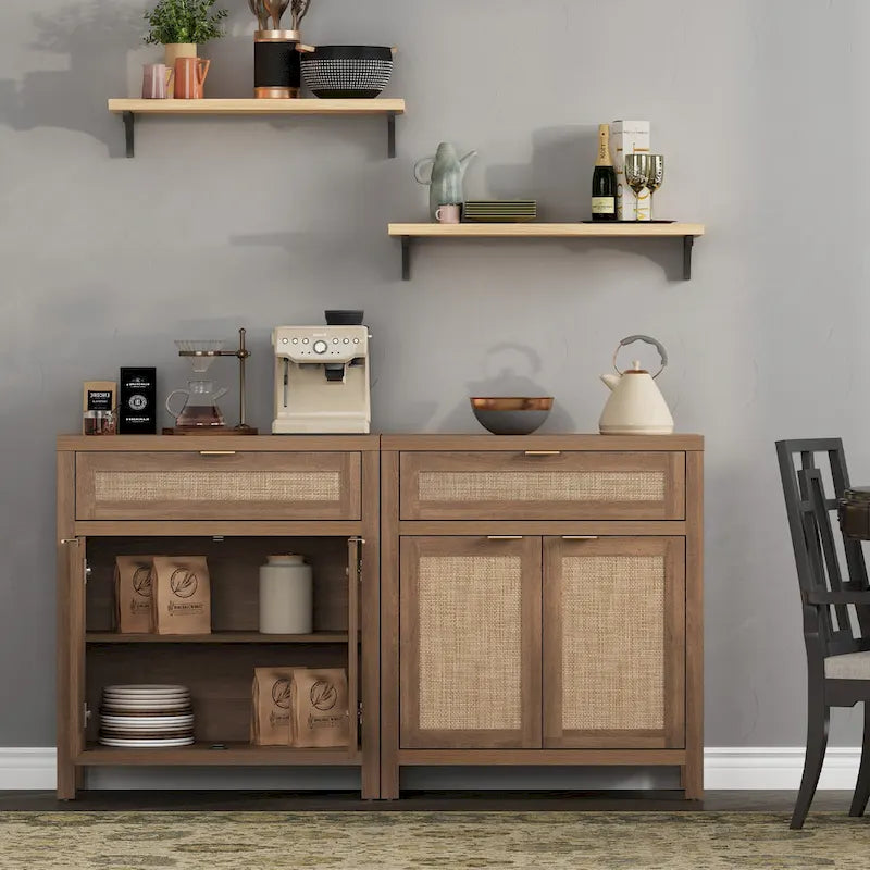 SICOTAS Farmhouse Rattan Sideboard Storage Cabinet with Drawer - N/A