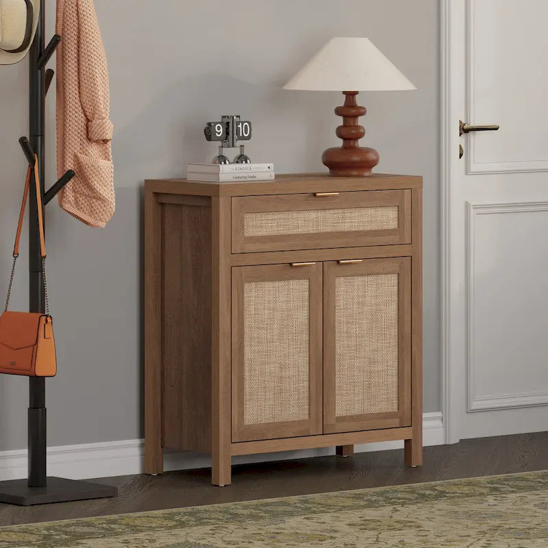 SICOTAS Farmhouse Rattan Sideboard Storage Cabinet with Drawer - N/A