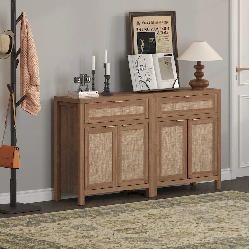 SICOTAS Farmhouse Rattan Sideboard Storage Cabinet with Drawer - N/A