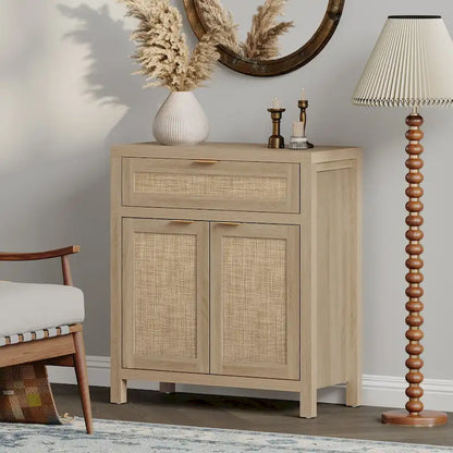 SICOTAS Farmhouse Rattan Sideboard Storage Cabinet with Drawer - N/A