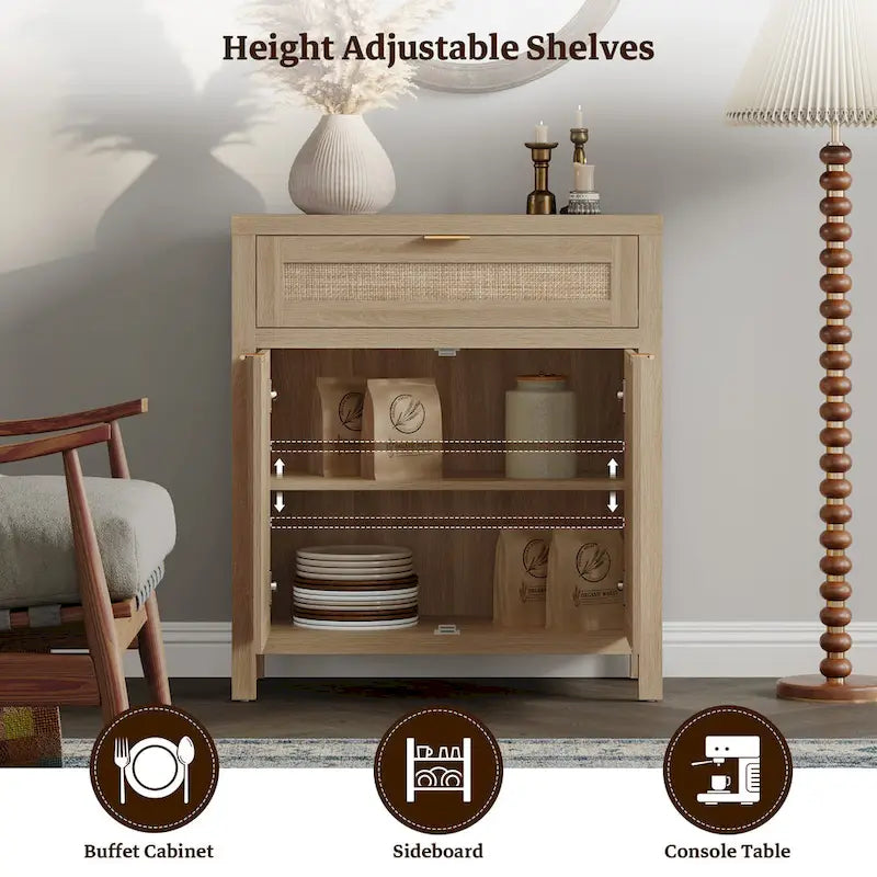 SICOTAS Farmhouse Rattan Sideboard Storage Cabinet with Drawer - N/A