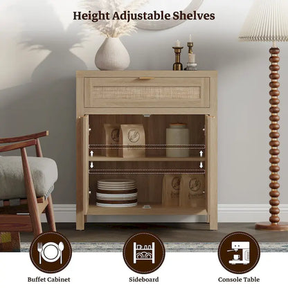SICOTAS Farmhouse Rattan Sideboard Storage Cabinet with Drawer - N/A