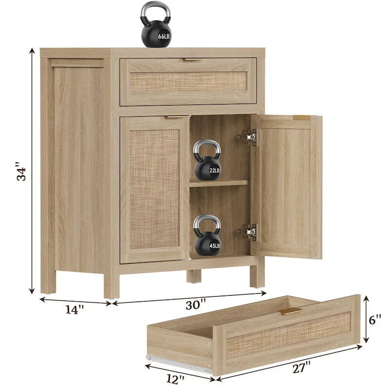 SICOTAS Farmhouse Rattan Sideboard Storage Cabinet with Drawer - N/A