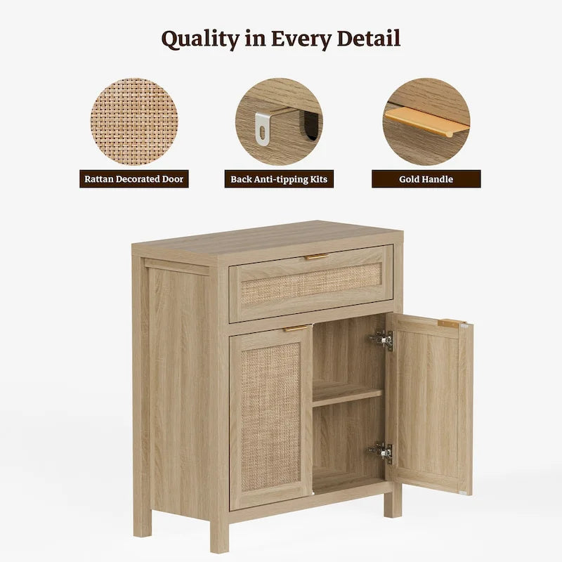 SICOTAS Farmhouse Rattan Sideboard Storage Cabinet with Drawer - N/A
