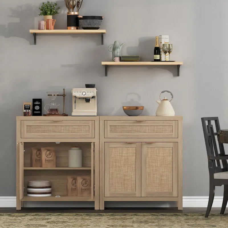 SICOTAS Farmhouse Rattan Sideboard Storage Cabinet with Drawer - N/A