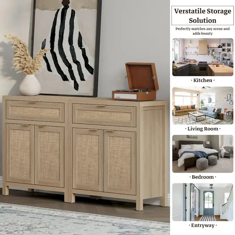 SICOTAS Farmhouse Rattan Sideboard Storage Cabinet with Drawer - N/A