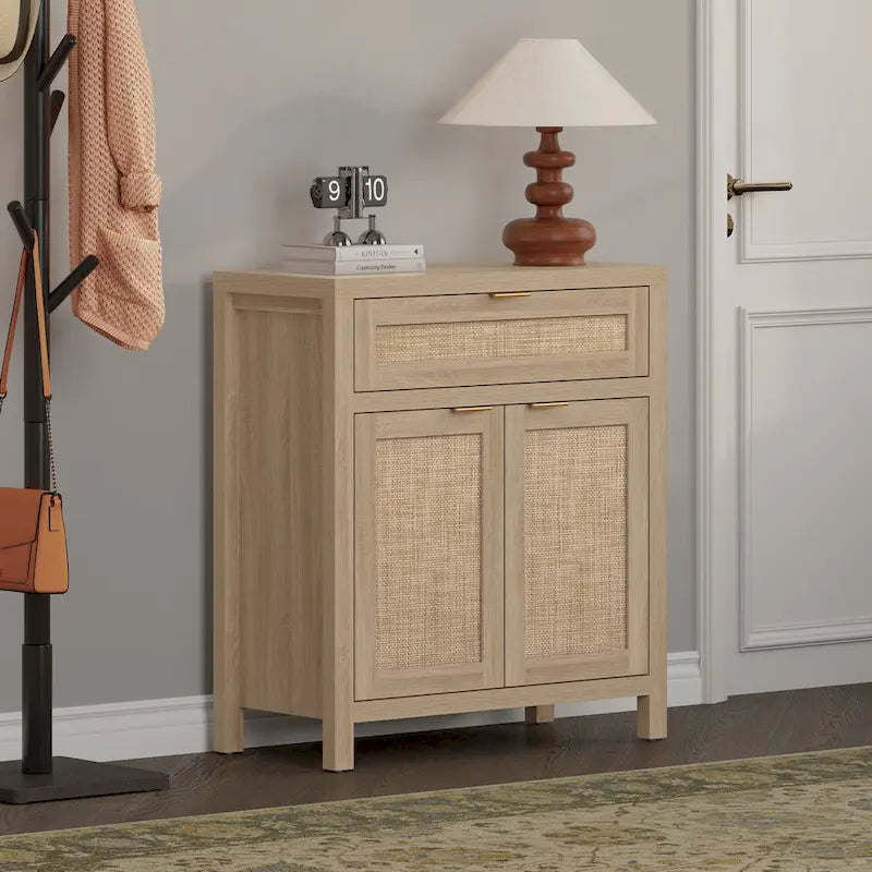 SICOTAS Farmhouse Rattan Sideboard Storage Cabinet with Drawer - N/A