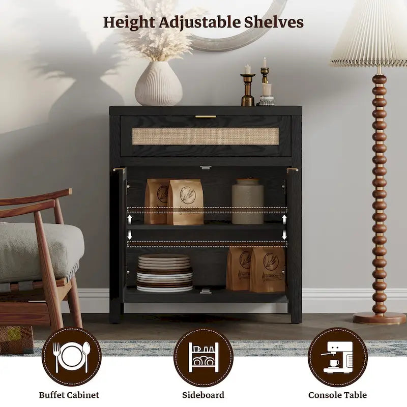 SICOTAS Farmhouse Rattan Sideboard Storage Cabinet with Drawer - N/A