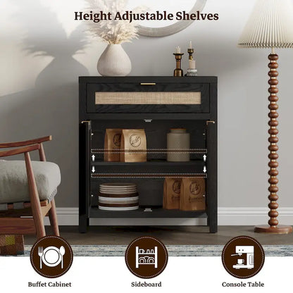 SICOTAS Farmhouse Rattan Sideboard Storage Cabinet with Drawer - N/A