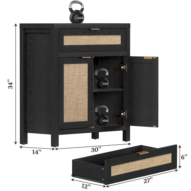 SICOTAS Farmhouse Rattan Sideboard Storage Cabinet with Drawer - N/A