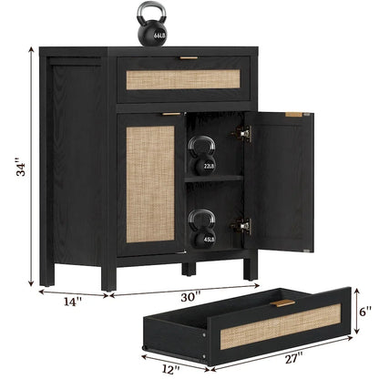 SICOTAS Farmhouse Rattan Sideboard Storage Cabinet with Drawer - N/A