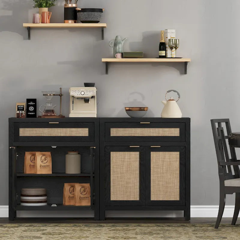 SICOTAS Farmhouse Rattan Sideboard Storage Cabinet with Drawer - N/A