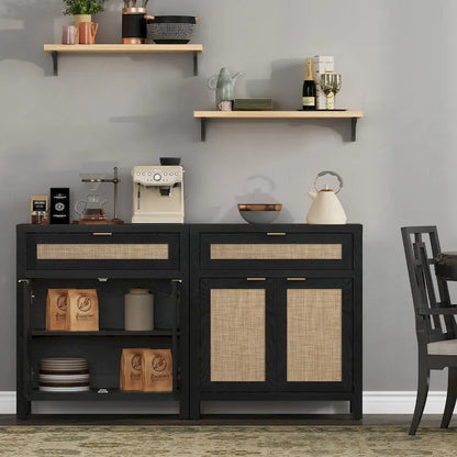 SICOTAS Farmhouse Rattan Sideboard Storage Cabinet with Drawer - N/A