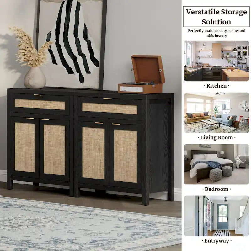 SICOTAS Farmhouse Rattan Sideboard Storage Cabinet with Drawer - N/A