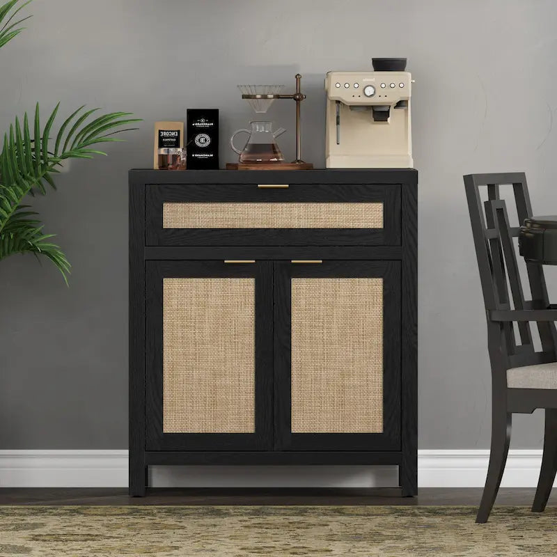 SICOTAS Farmhouse Rattan Sideboard Storage Cabinet with Drawer - N/A
