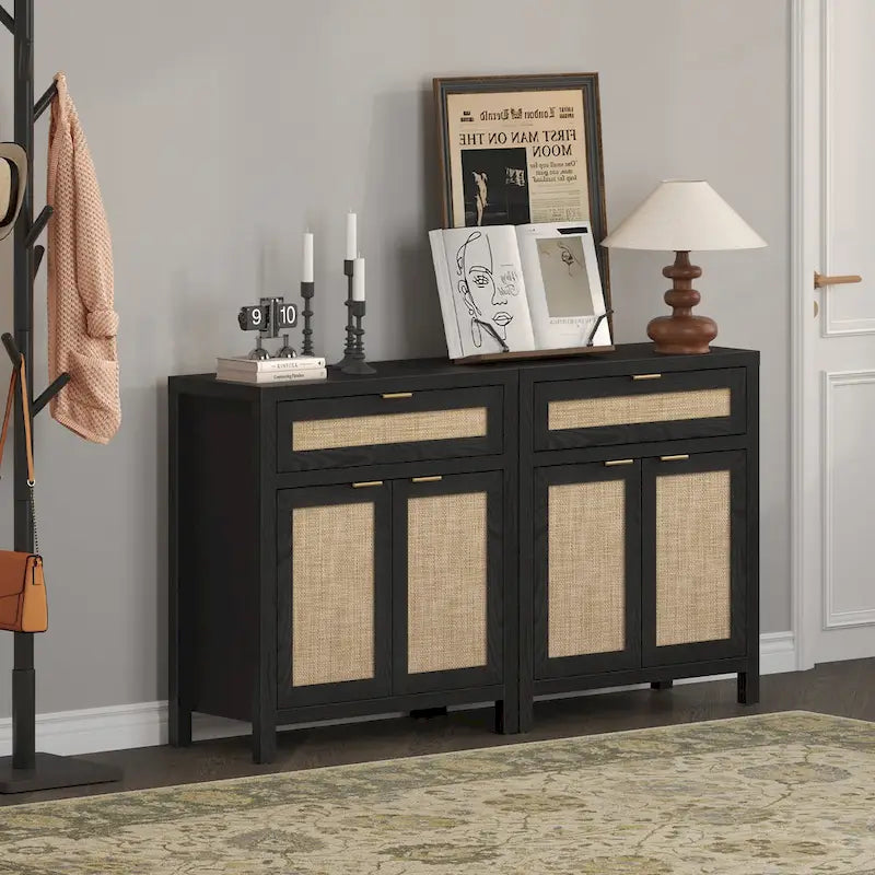 SICOTAS Farmhouse Rattan Sideboard Storage Cabinet with Drawer - N/A