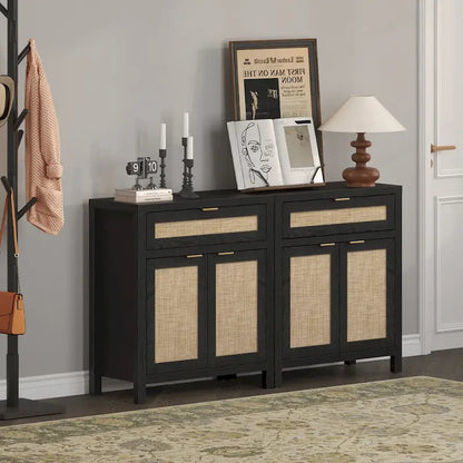 SICOTAS Farmhouse Rattan Sideboard Storage Cabinet with Drawer - N/A