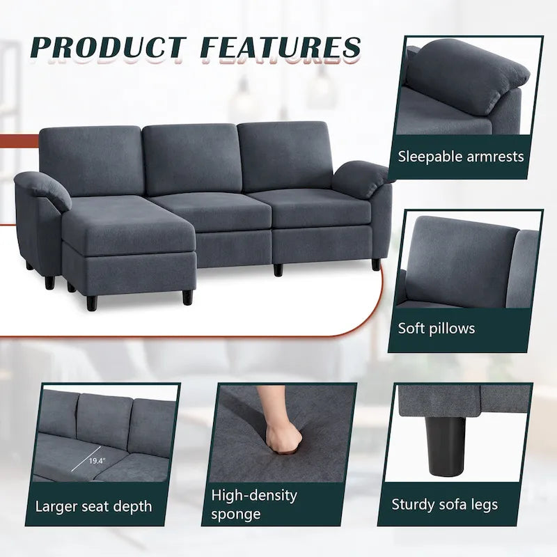 Futzca 79 Convertible Sectional Sofa Couch, 3 Seat L Shaped