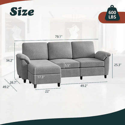 Futzca 79 Convertible Sectional Sofa Couch, 3 Seat L Shaped