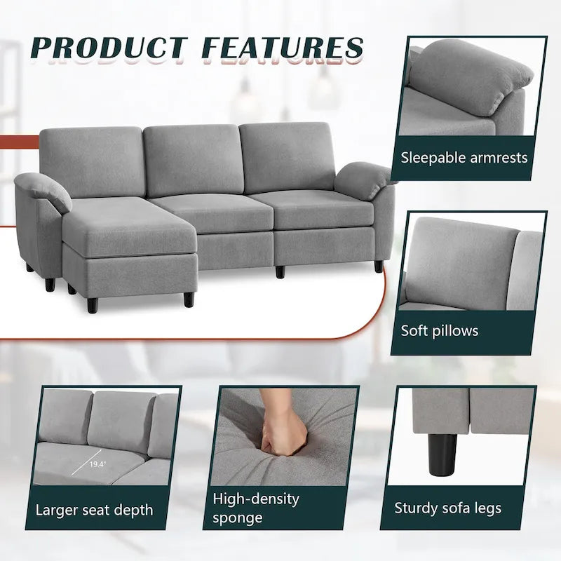 Futzca 79 Convertible Sectional Sofa Couch, 3 Seat L Shaped