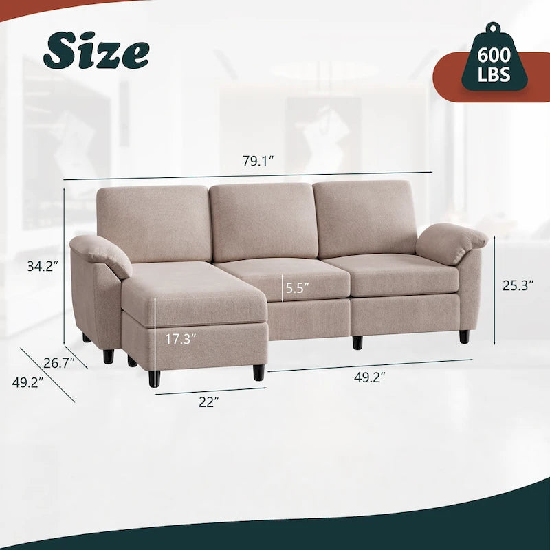 Futzca 79 Convertible Sectional Sofa Couch, 3 Seat L Shaped