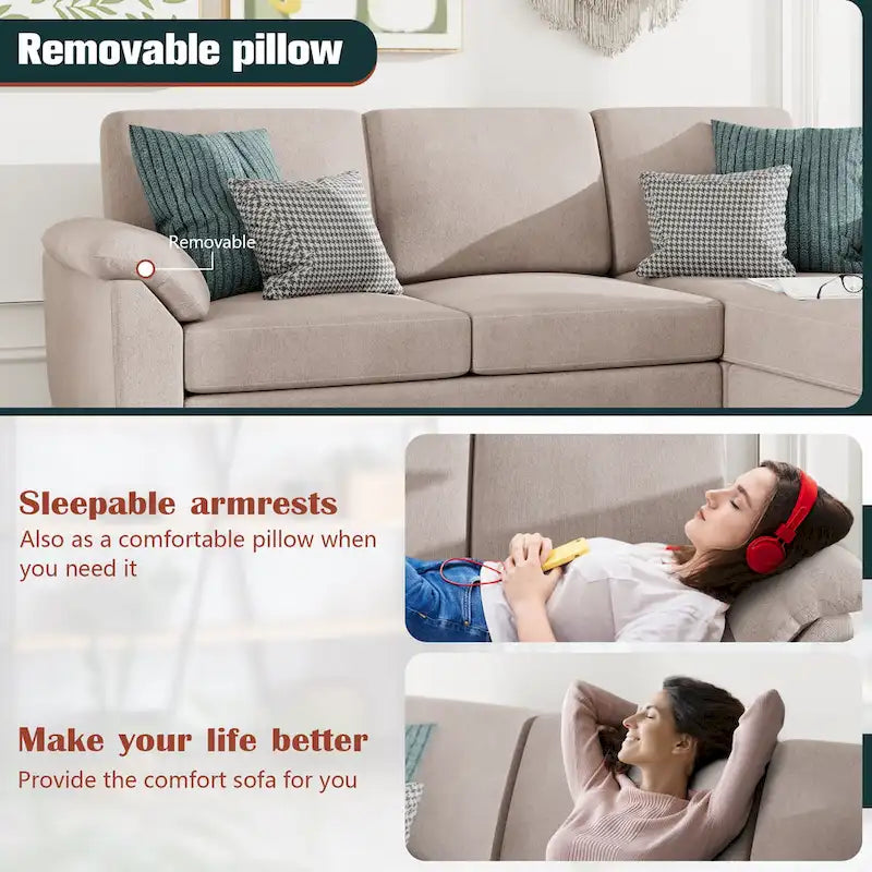 Futzca 79 Convertible Sectional Sofa Couch, 3 Seat L Shaped