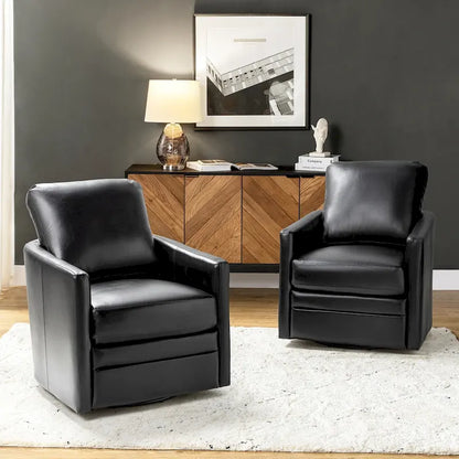 Terrance Transitional Swivel Faux Leather Barrel Chair with Metal Base Set of 2