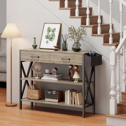 Multi-function Console Table with 2 Drawers, Entryway Sofa Table with 3 Tier Storage Shelves