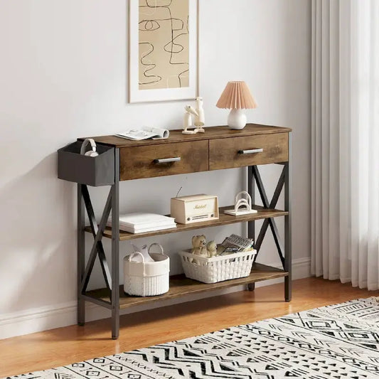 Multi-function Console Table with 2 Drawers, Entryway Sofa Table with 3 Tier Storage Shelves