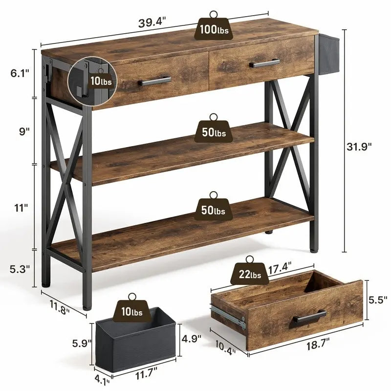 Multi-function Console Table with 2 Drawers, Entryway Sofa Table with 3 Tier Storage Shelves