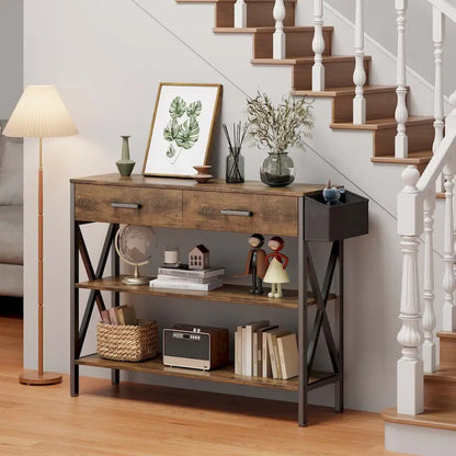 Multi-function Console Table with 2 Drawers, Entryway Sofa Table with 3 Tier Storage Shelves