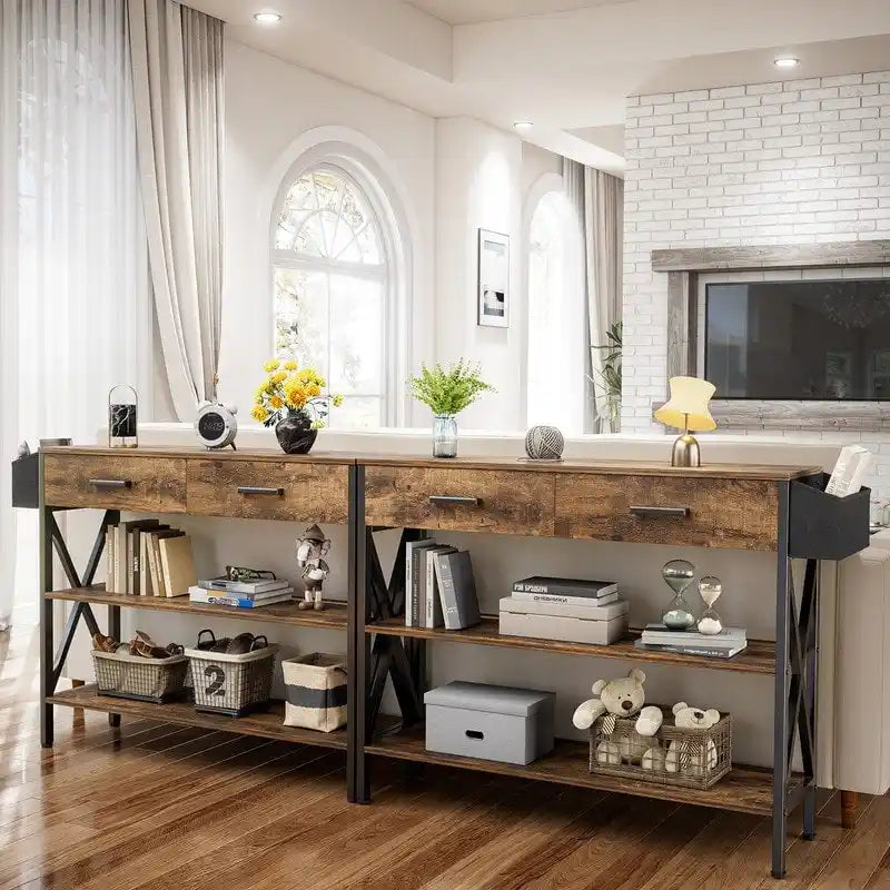 Multi-function Console Table with 2 Drawers, Entryway Sofa Table with 3 Tier Storage Shelves