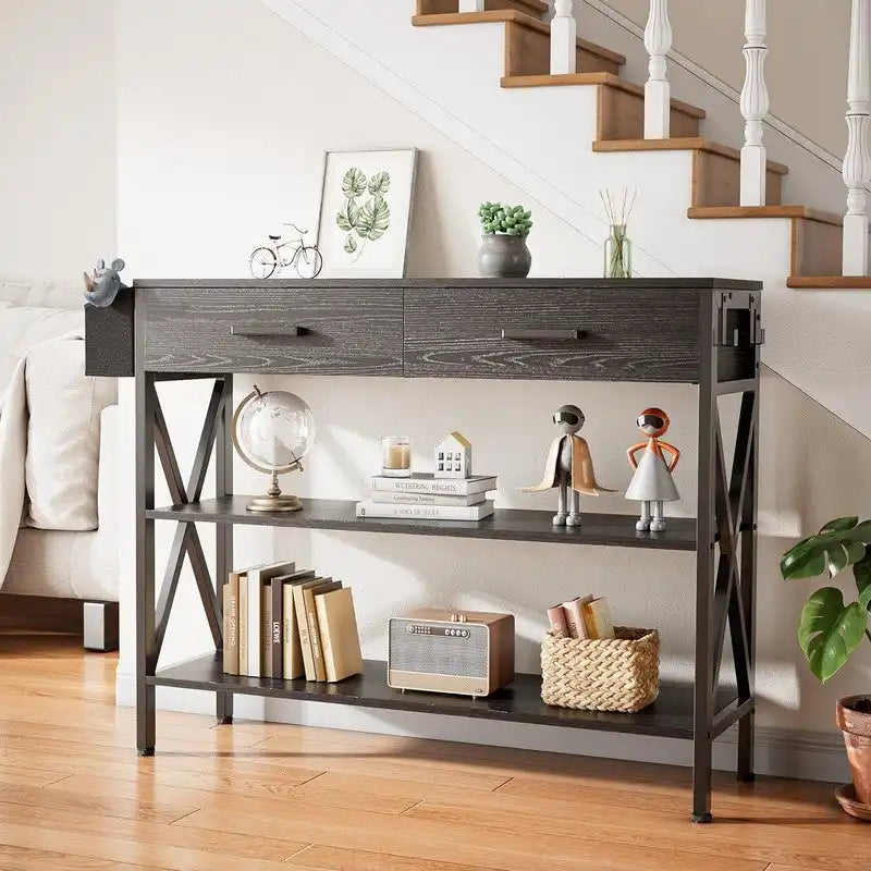 Multi-function Console Table with 2 Drawers, Entryway Sofa Table with 3 Tier Storage Shelves