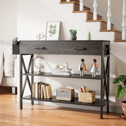Multi-function Console Table with 2 Drawers, Entryway Sofa Table with 3 Tier Storage Shelves