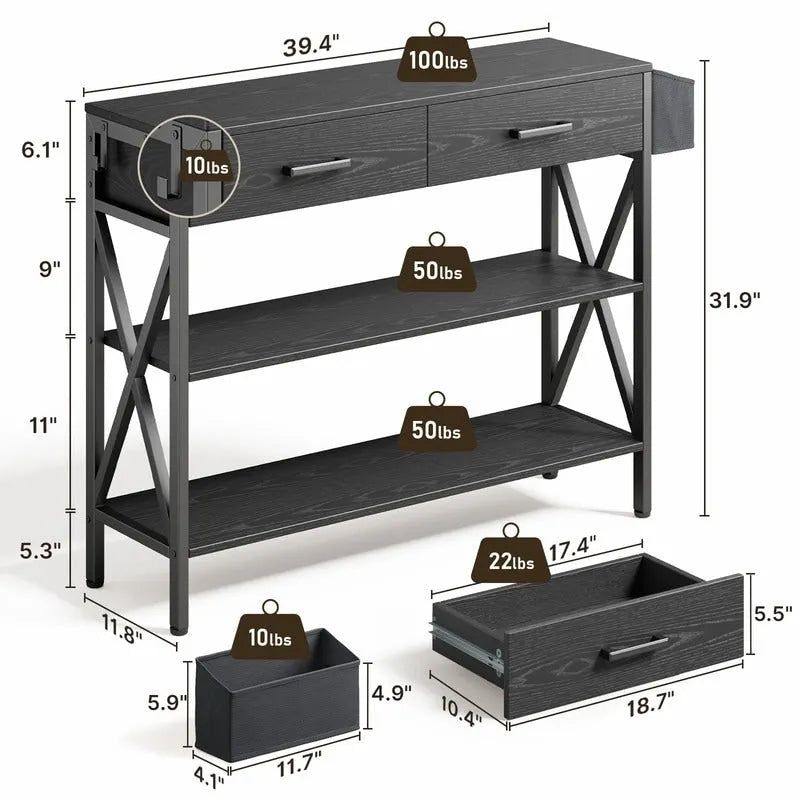 Multi-function Console Table with 2 Drawers, Entryway Sofa Table with 3 Tier Storage Shelves