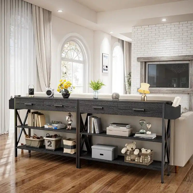 Multi-function Console Table with 2 Drawers, Entryway Sofa Table with 3 Tier Storage Shelves
