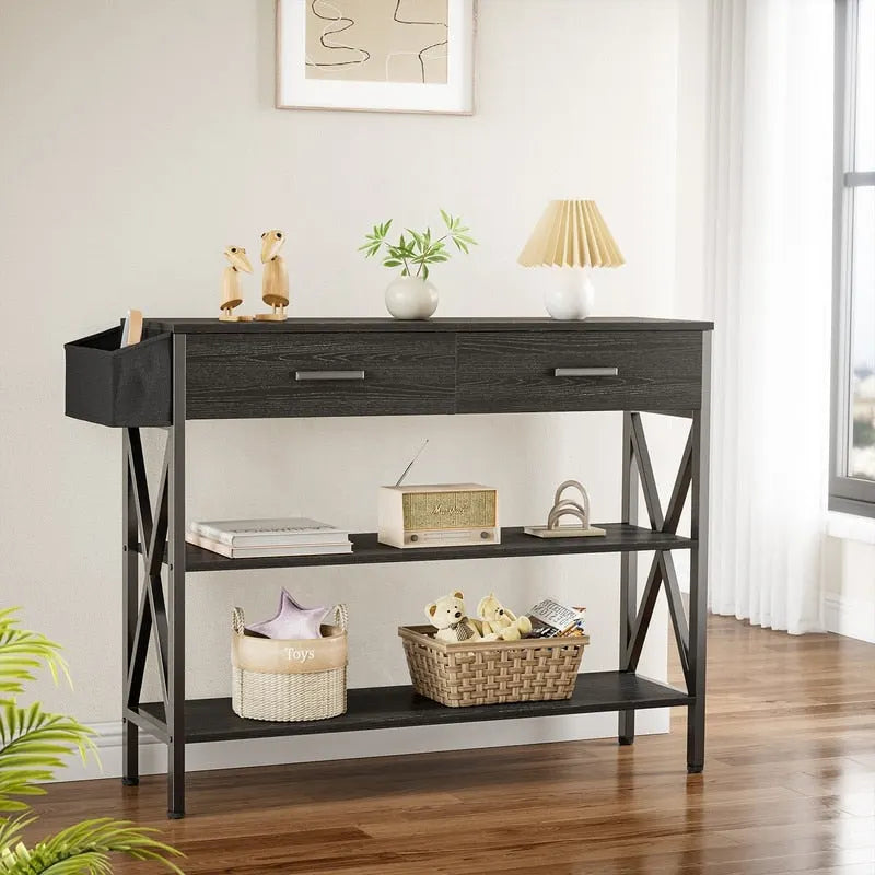 Multi-function Console Table with 2 Drawers, Entryway Sofa Table with 3 Tier Storage Shelves