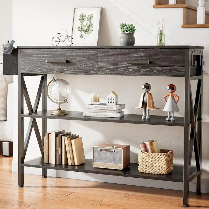 Multi-function Console Table with 2 Drawers, Entryway Sofa Table with 3 Tier Storage Shelves