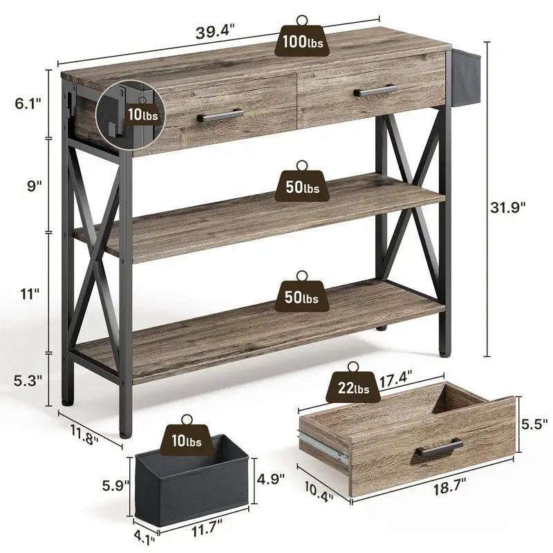 Multi-function Console Table with 2 Drawers, Entryway Sofa Table with 3 Tier Storage Shelves