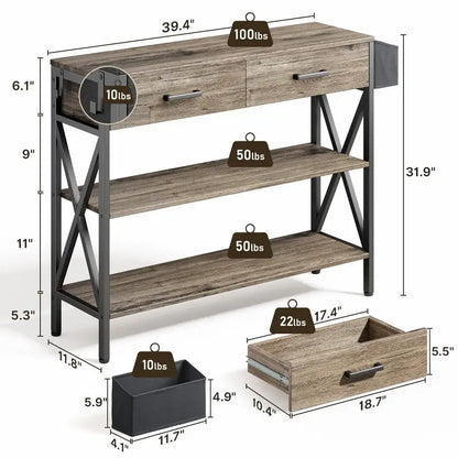Multi-function Console Table with 2 Drawers, Entryway Sofa Table with 3 Tier Storage Shelves
