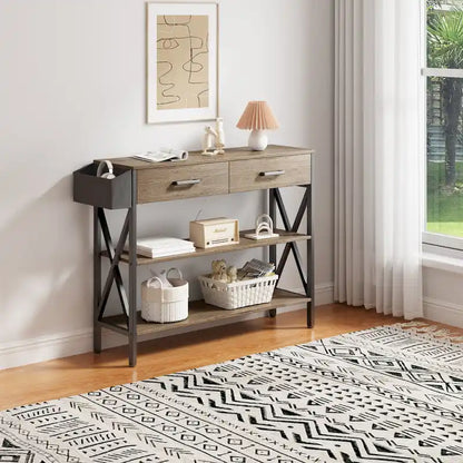 Multi-function Console Table with 2 Drawers, Entryway Sofa Table with 3 Tier Storage Shelves