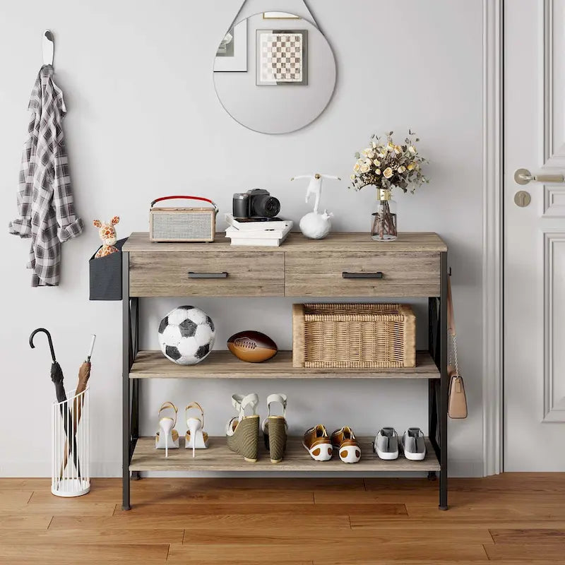 Multi-function Console Table with 2 Drawers, Entryway Sofa Table with 3 Tier Storage Shelves