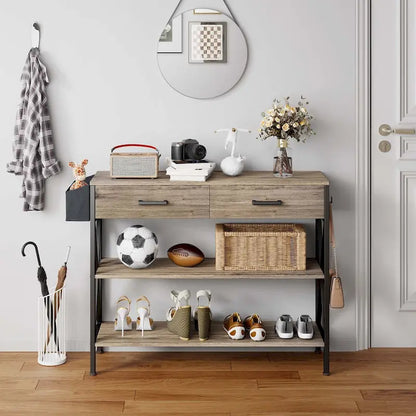Multi-function Console Table with 2 Drawers, Entryway Sofa Table with 3 Tier Storage Shelves