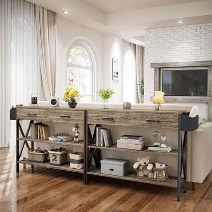 Multi-function Console Table with 2 Drawers, Entryway Sofa Table with 3 Tier Storage Shelves