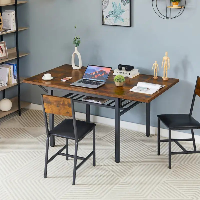 Modern Industrial 63.2 Extendable Dining Table w/Drop Leaf, Seats 6