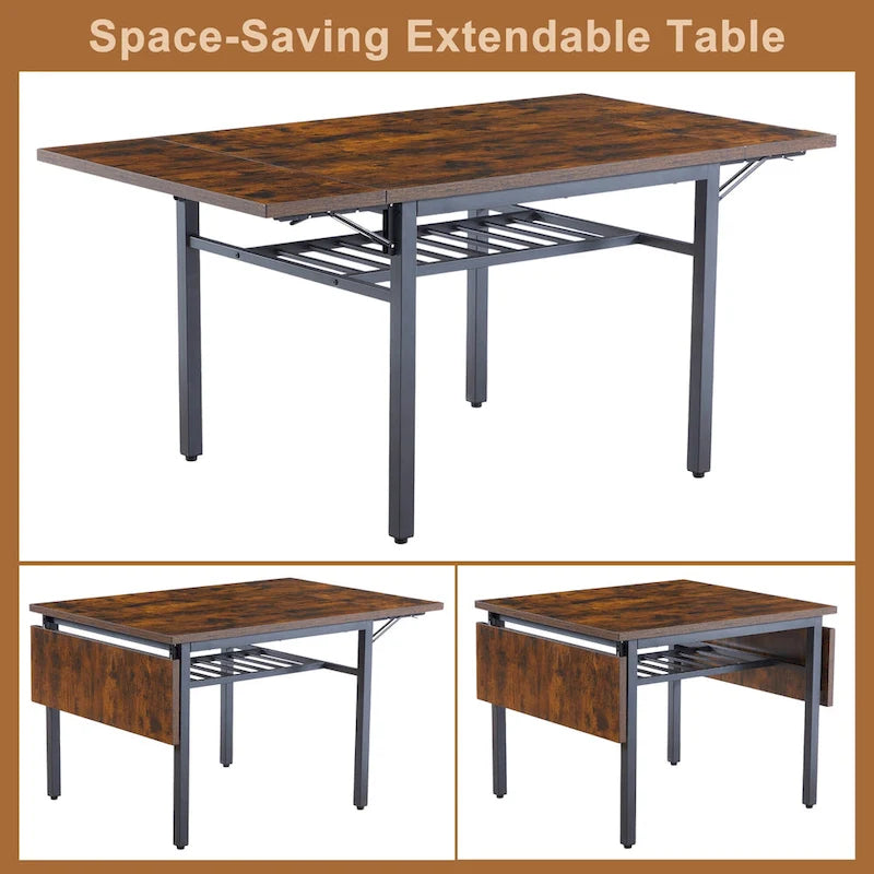 Modern Industrial 63.2 Extendable Dining Table w/Drop Leaf, Seats 6