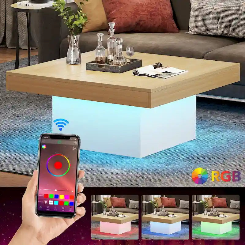 Farmhouse Square LED Coffee Table Engineered Wood Coffee Table for Living Room